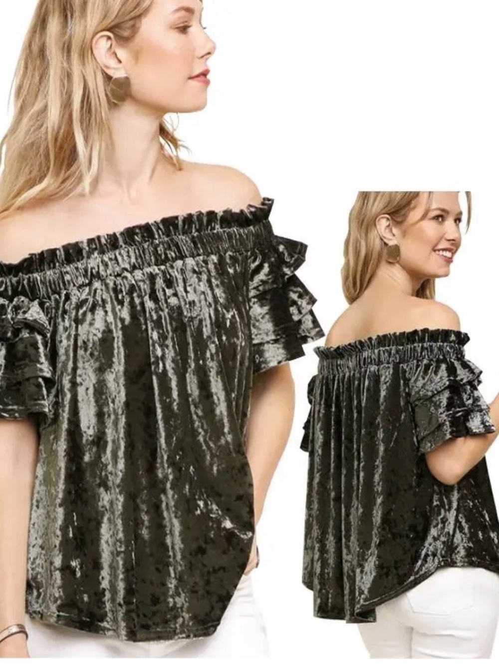 Umgee Boutique Dark Green Flowy Crushed Velvet Boho Off the Shoulder Blouse